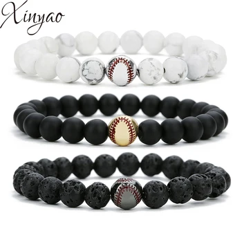 

XINYAO 8mm Natural Stone Beads Bracelet Bangles For Women Black White Color Elastic Rope Baseball Charm Bracelets Couple Jewelry