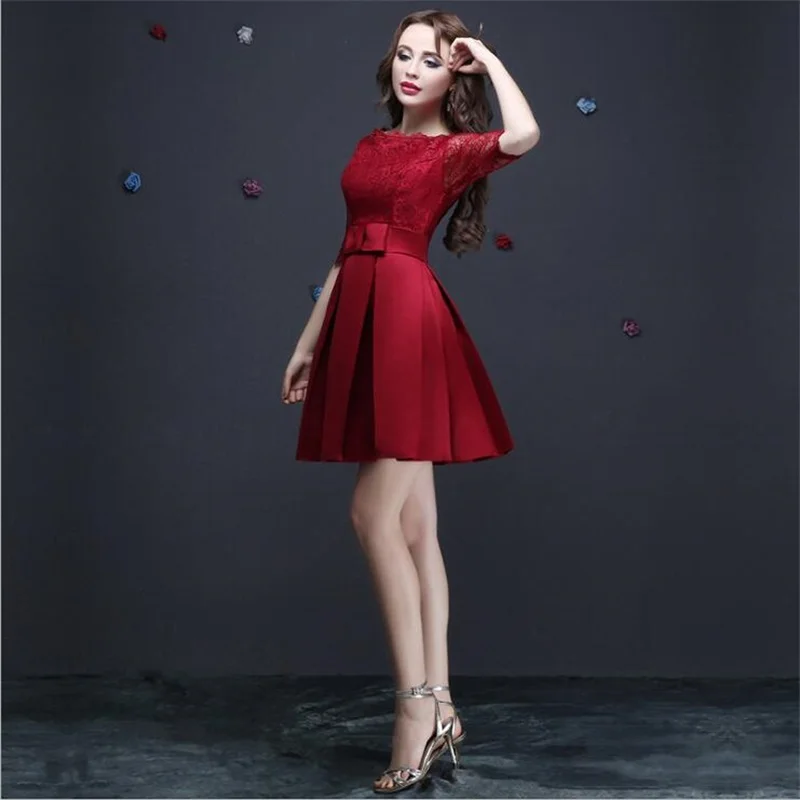 Женское кружевное платье с вышивкой для торжественных случаев, Короткие вечерние платья, коктейльные платья длиной выше колена, платье для встречи выпускников, vestidos de fiesta - Цвет: wine red