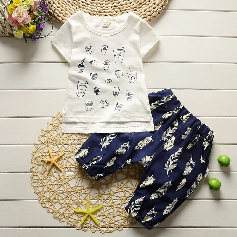 

Summer 2018 Baby Boy Feather Print Haren Pants and Tops T-shirt 0-4 Ages Boy Clothes 2pcs Kids Beach Sport Suits