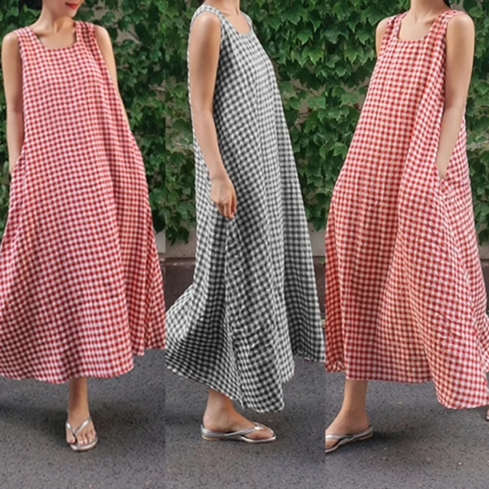 Клетчатое Макси-платье для женщин, большие размеры, vestidos, женские свободные, в студенческом стиле, в клетку, без рукавов, повседневный жилет, Бохо длинное платье