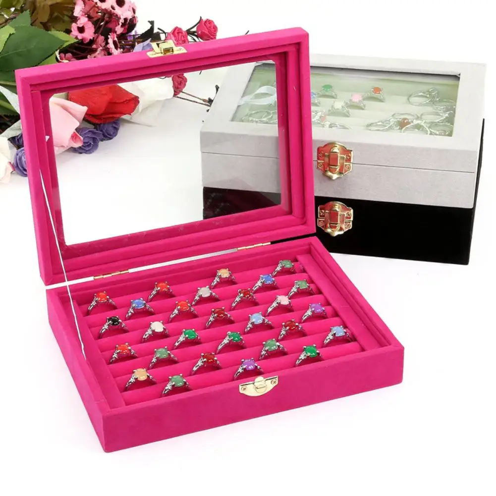 

Velvet Rings Stud Earrings Jewelry Display Tray Storage Box with Glass Lid boho