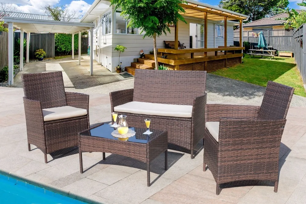 

Homall 4 PCS Outdoor Patio Furniture Set Rattan Chair Wicker Set,Outdoor/Indoor Use for Backyard Porch Garden Poolside Balcony