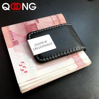 Картинка QOONG 2019 лазерный настройки Высокое качество кожи Деньги кошелек с защелкой Для мужчин сильный черный магнитный зажим для денег держатель ...