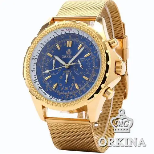 Orkina Slim Stainless Steel Mesh Band 6 Hands Chronograph Round Blue Dial Gentleman Business Analog Quartz