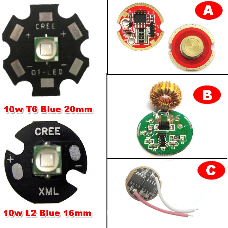 1 шт. кри-10 Вт XML L2 синий 460nm~ 465nm светодиодный вспышка светильник запасные части+ 20 мм/16 мм база+ 0/3/5 источник постоянного тока с режимом светодиодный драйвер