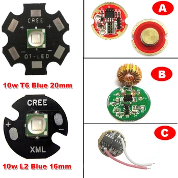 

1pcs Original CREE 10W XML L2 Blue 460nm ~ 465nm LED Flashlight Light Part + 20mm / 16mm Base + 0 / 3 / 5 mode DC LED Driver