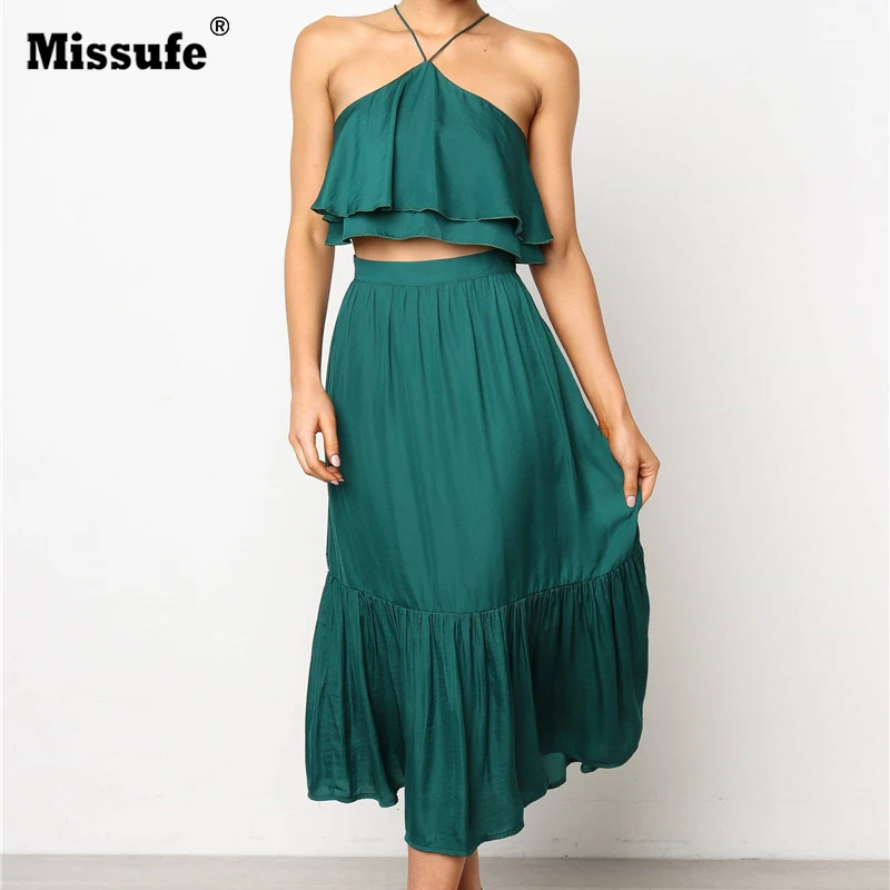 

Missufe Halter Strapless Sexy Women Sets Two Pieces Set Cropped Tops And High Waist Skirts Casual Chiffon Summer Suits 2019
