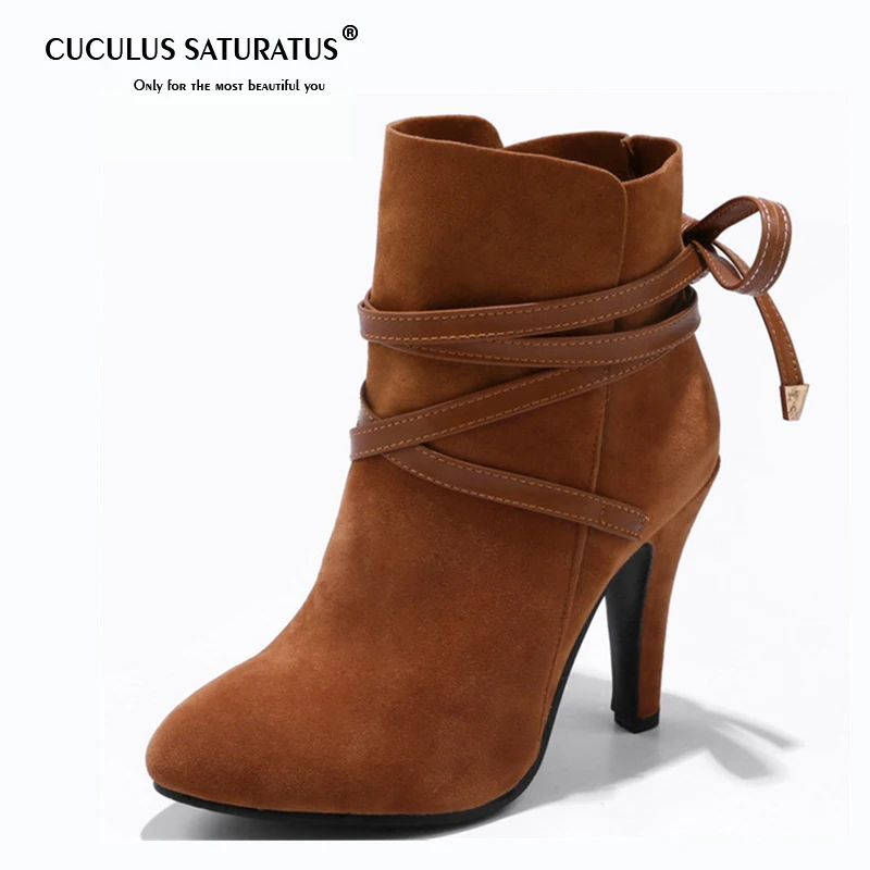 

Cuculus 2019 new arrival flock lace up ankle boots for women round toe autumn winter boots high heels female shoes 1528