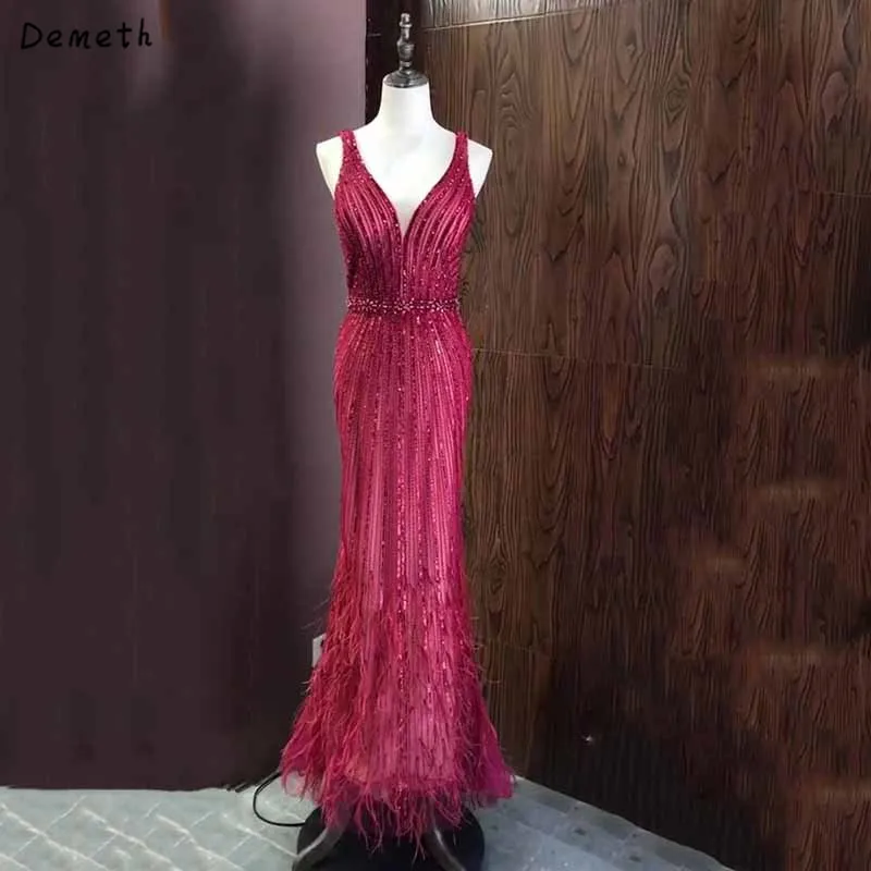 Dubai New Luxury Evening Dresses Burgundy Sleeveless Feather Beading Diamont Evening Gowns
