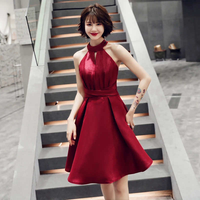 

Burgundy Halter Dress Qipao Women Satin Evening Party Gown Short Sexy Slim A-line Vestidos De Festa With Ribbon Chinese Dresses