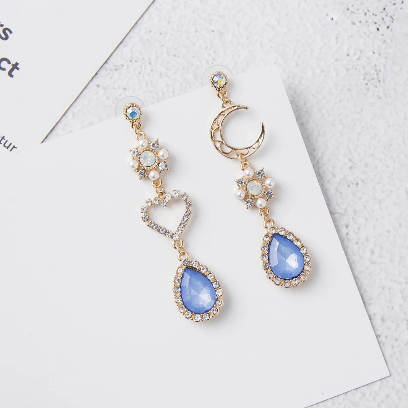 HTB1ejJEOSzqK1RjSZFLq6An2XXah - 2019 New Sweet Asymmetry Shiny Rhinestone Love Heart Moon Drop Earrings for Women Long Blue Crystal Tassel Dangle Jewelry 6A2032