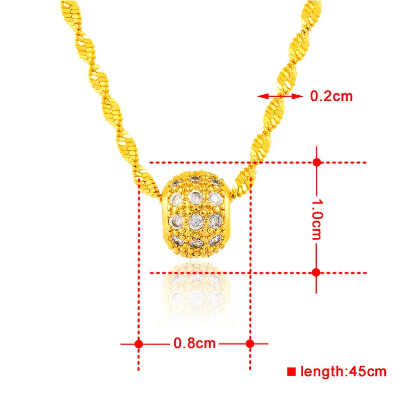 Женское Ожерелье из чистого золота 1 см x 0,8 см с подвеской в виде шарика, 24k золотое женское ювелирное изделие GP, свадебная подвеска с 2 мм волнистой цепочкой, ожерелье