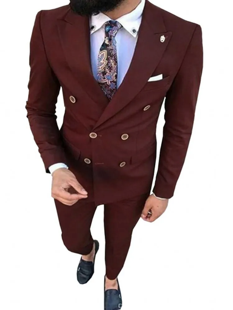 Wine Red Men Suit Double Breasted Slim Fit Best Man Groom Wedding Suits ...