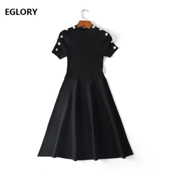 

High Quality Sweater Dress 2019 Spring Summer Fashion Knitted Dress Women Button Shoulders Short Sleeve Slim Fit & Flare Dress