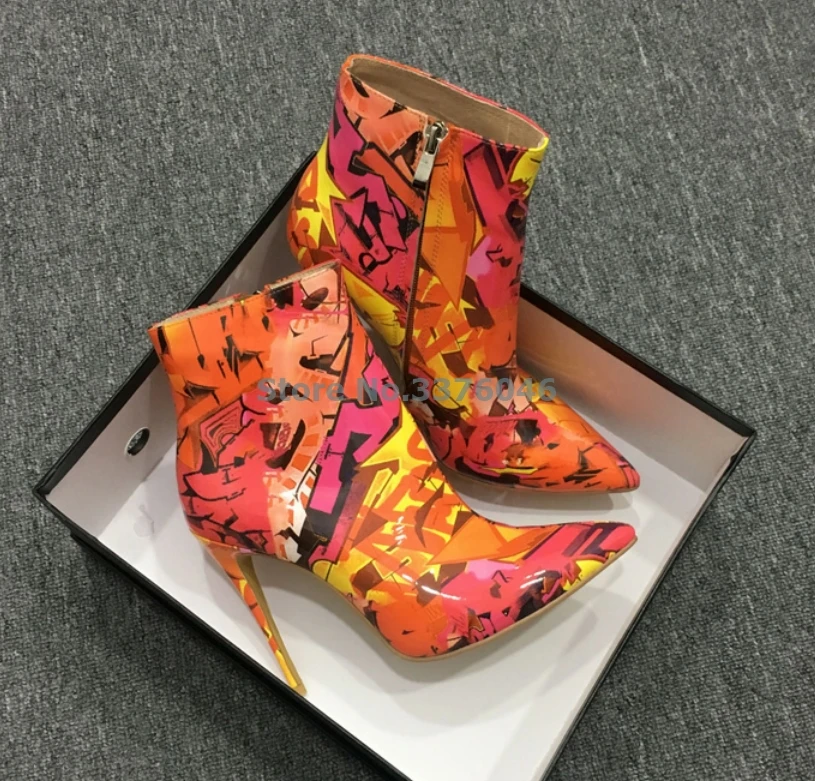 

Printing Patent Leather Stiletto Short Heel Boots Pointed Toe Thin High Heel Ankle Boots Spring Summer Fashion Women Shoes