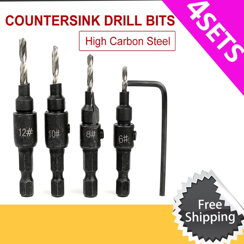 

4Sets HSS Woodworking Coun Drill Bit Set Carpentry Carving Tools Countersink Counterbore Hexagonal Handle #6#8#10#12 Drill Bit