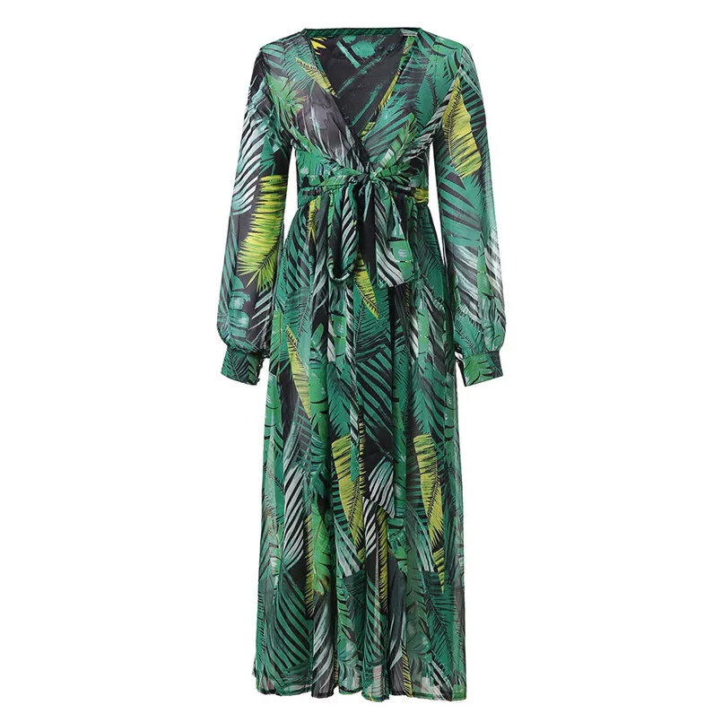 V-Neck Colorful Fashion Printing Chiffon Dress Long Sleeve Deep V Neck Belt Long Dress Comfortable New Vestidos #F#40NV26 (9)