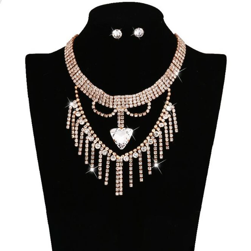 Women Fashion Jewelry Set Short Stone Crystal Cluster Tassel Maxi