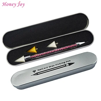 

Well Protected Metal Case Packed Dual-ended Wax Nail Rhinestone Beads Studs Sequins Picker Dotting Pen Pencil Pink Clear Handle