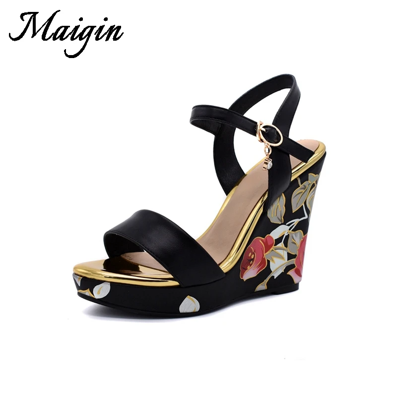 Maigin 2018 Summer Women Wedge Shoes Open Toe Print Platform Sandals Super High Heels Footwear Buckle Strap Female Shoes