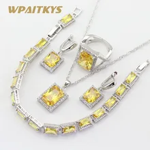 Серебро 925, ювелирные наборы для женщин, квадратный желтый кубический цирконий, ожерелье, подвеска, серьги, кольцо, браслет, подарочная коробка WPAITKYS