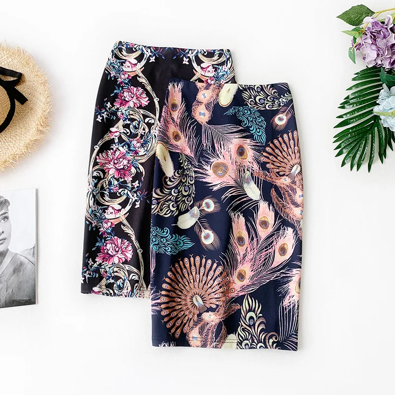 

Wasteheart Summer Women Fashion Black Ployester Skirts High Waist Silm Printed Mini Skirt Plus Size Pencil Skirt Big Size
