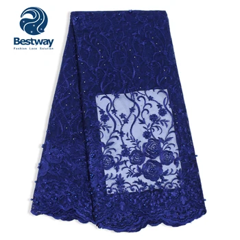 

Bestway 3D Beads Fabric Lace Chiffon Tulle French Rhinestones Plain Embroidery Flowers Royal Blue Lace Women Party Cloths Laces