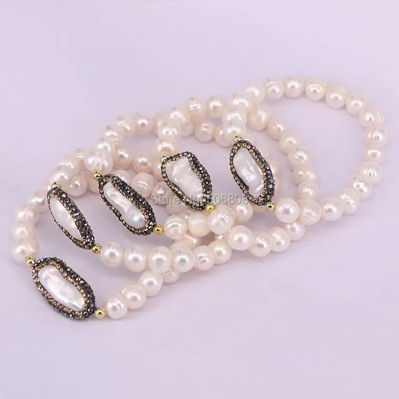 6 Strands Fresh Water Pearl Beaded Bracelets, Rhinestone Pearl