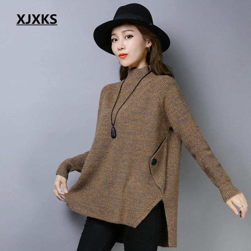 

XJXKS Fashion Turtleneck Sweater Women Long Sleeve Top Knitted Sweaters Pullovers Split Hem Casual Knitwear Solid Women Jumper