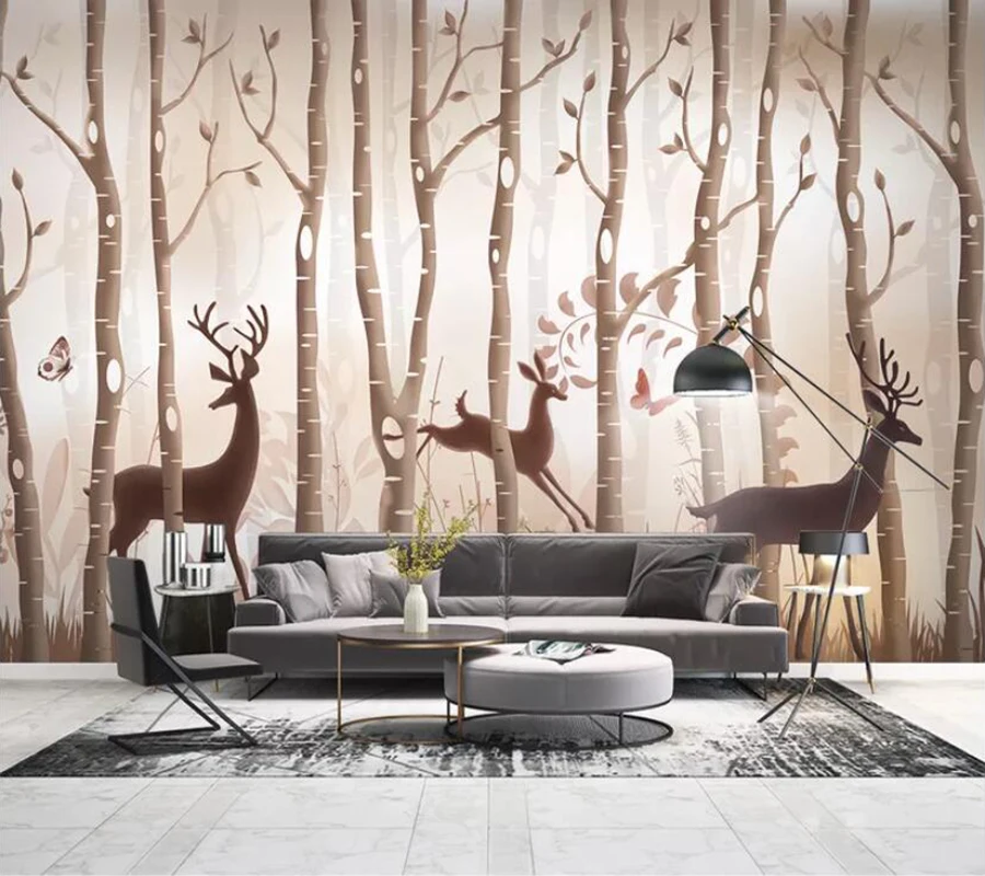 Decorative wallpaper Hand painted forest elk modern minimalist TV background wall painting | Строительство и ремонт