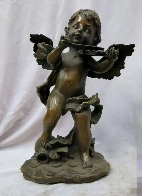 

free 11" China brass copper carved fine violin instrument cherub Sculpture Statue fast