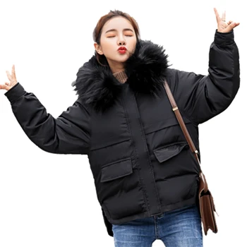 

2018 Women Winter Cotton Jacket Coat Korean Female Thicken Short Parkas Coat with Big Fur Hooded Lady Slim Parka Outwear F697
