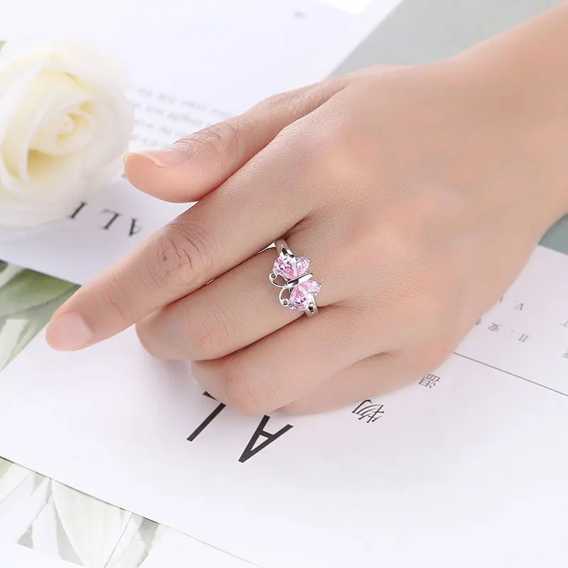 Роскошное женское кольцо модная Серебряная бабочка розовое кристалльное цирконовое кольцо с камнем винтажные свадебные кольца для женщин лучший подарок