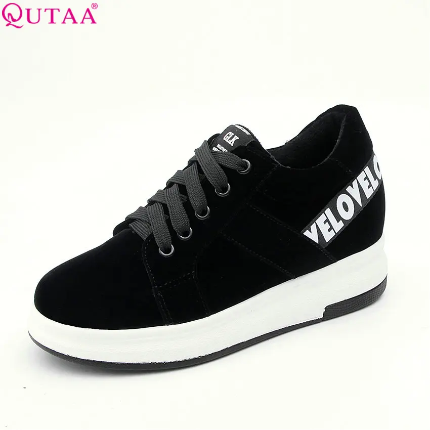 

QUTAA 2018 Women Pumps Black Flock Wedges Heel Women Shoes Lace Up Round Toe Fashion Casual Platform Women Shoes Size 34-43