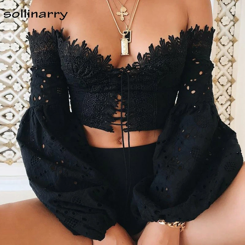Sollinarry Off Shoulder Beach Summer Blouse White Lace Sexy Crop Top Hollow Out High Street Female Blouse 2018 Blouses