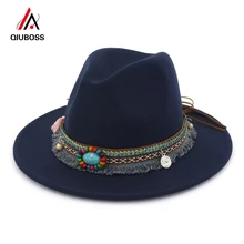 Qiuboss в этническом стиле Стиль резинка-украшение фетр джаз шляпа мягкая фетровая шляпа Панама с плоским козырьком Формальные шляпы Октоберфест фетровых шляпа Chapeau QB31