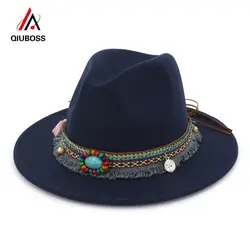 Qiuboss в этническом стиле Стиль резинка-украшение фетр джаз шляпа мягкая фетровая шляпа Панама с плоским козырьком Формальные шляпы