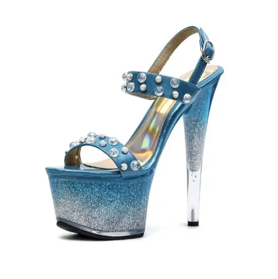 

2018 New Fashion Bling glitter platform 17CM high heel women nightclub dance sandals open toe Rivets ankle buckle strap pumps