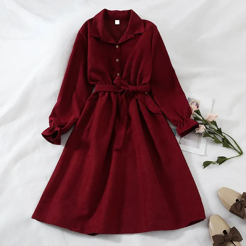 

2019 Winter Dress Women Turn Down Collar Long Flare Sleeve Sashes High Waist Mori Girl 5 Solid Colors Vintage Shirt Dress