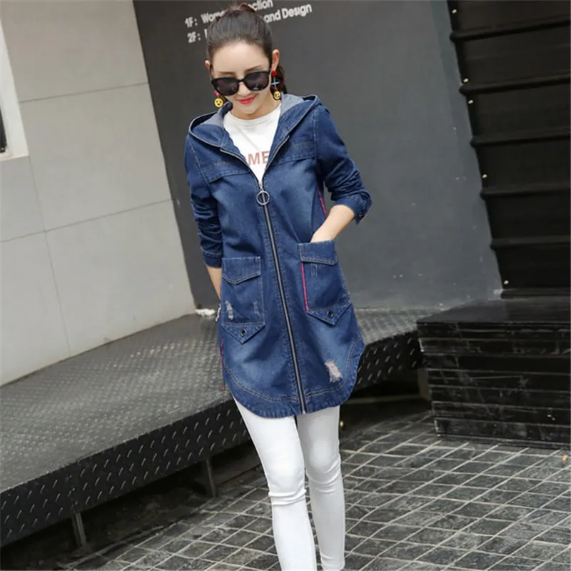 

Summer women denim outerwear 2018 new Slim cowboy jacket women's medium long hooded large size ladies windbreaker CW350