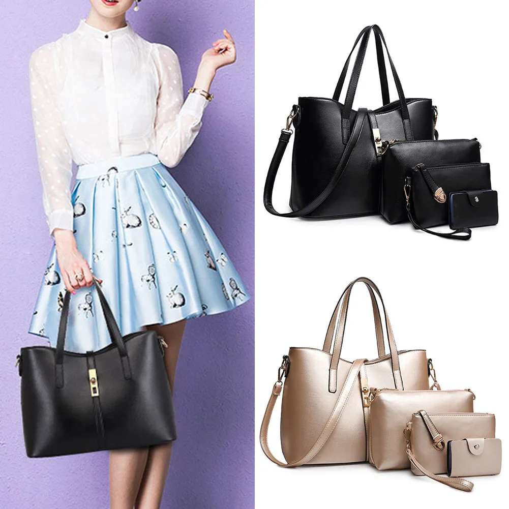 

4PCS/Set Women's Fashion Solid Color Shoulder Bag Ladies Casual Cross-body Bag Fashion Female Pu Leather Handbags Purse