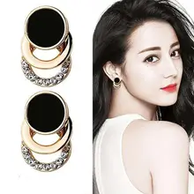 Модные корейские серьги-шпильки черного и золотого цвета Цвет круглые металлические 3 Слои Кристаллические серьги для Для женщин Стразы, свадебные украшения, EB113