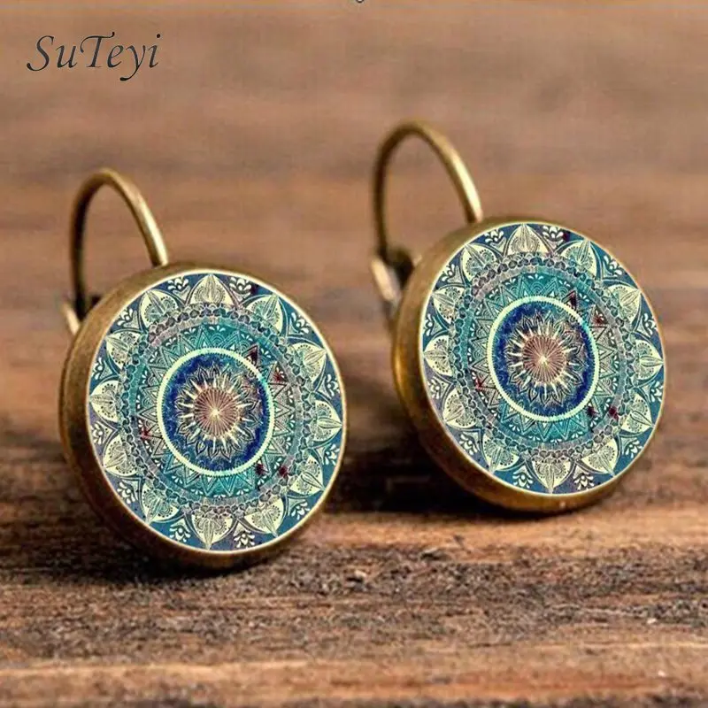 SUTEYI-Boucles d'oreilles bohème pour femmes, amulette de yoga au henné, cabochon en verre rond, bijoux mandala