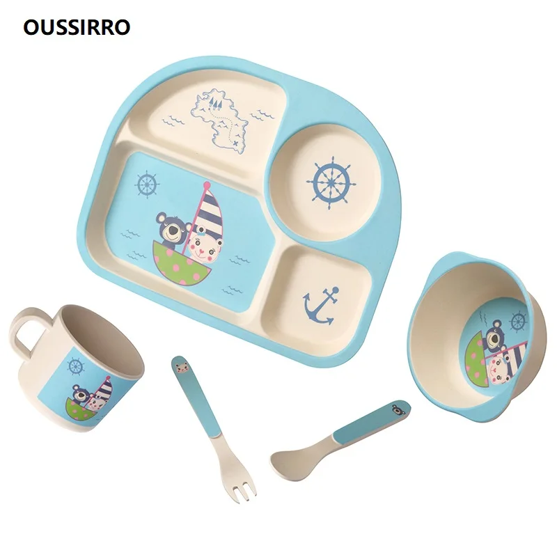 

Baby Feeding Bowl Plate Dishes Fork Spoon Cup 5Pcs/Set Children Tableware Bamboo Fiber Kids Cartoon Separation Feeding Plate