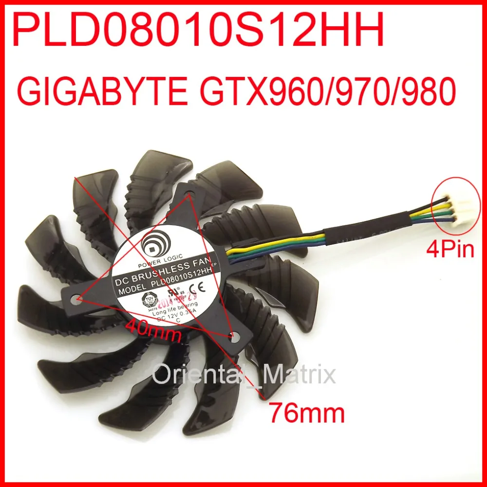 1 pcs PLD08010S12HH Fan 0.35A 75mm For Gigabyte GTX960/970/980 Graphics Card 