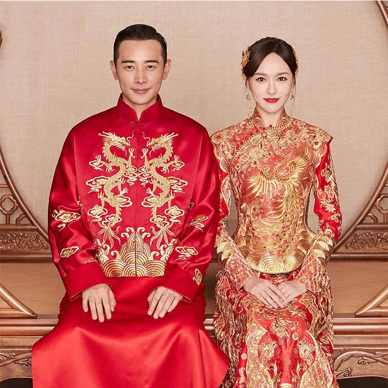 

Chinese Traditional Wedding Dress Cheongsam Dragon Phoenix Clothing Qipao Embroidery Red Satin Tops For Woman Gold Brocade Gown
