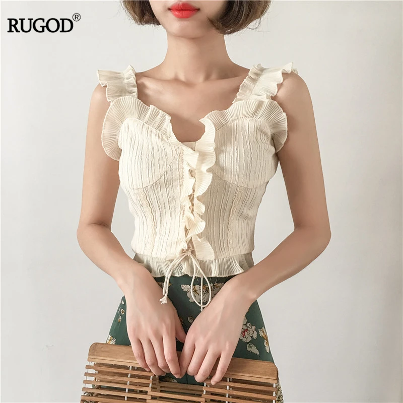 

RUGOD Ruffled edge women tank top sleeveless elegant vintage middle-tied v neck solid summer crop tops modis femme streetwear