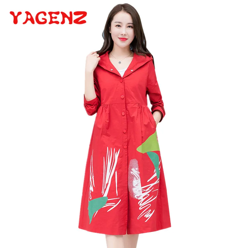 

YAGENZ Plus size Long Trench Coat Women Spring Autumn Trench Coat For Women Clothes Single-breasted Hooded Windbreaker Coat 300