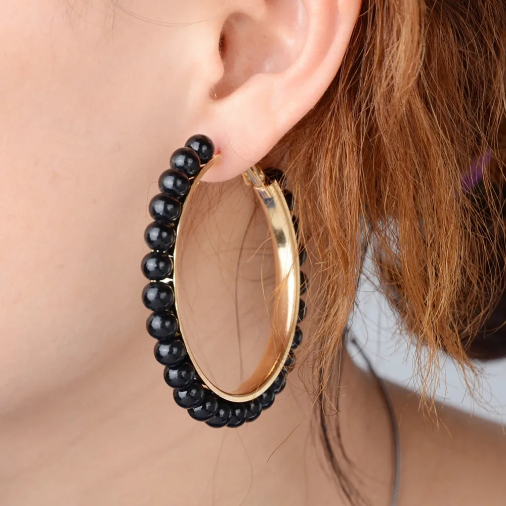 Women Girls Jewelry Hoop Earring Black Pearl Earring With Stainless