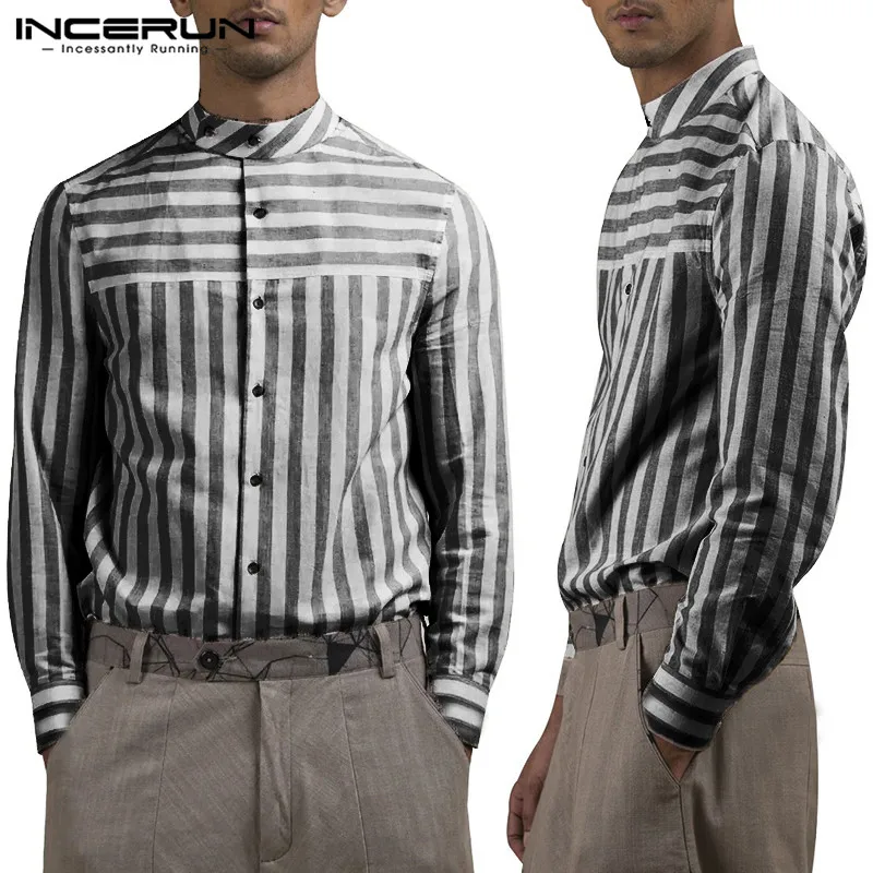 

INCERUN Autumn Men Button Stripe Stand Collar Literary Business Shirt Casual Loose 2020 Breathable Stitching Shirts Slim Fit 5XL
